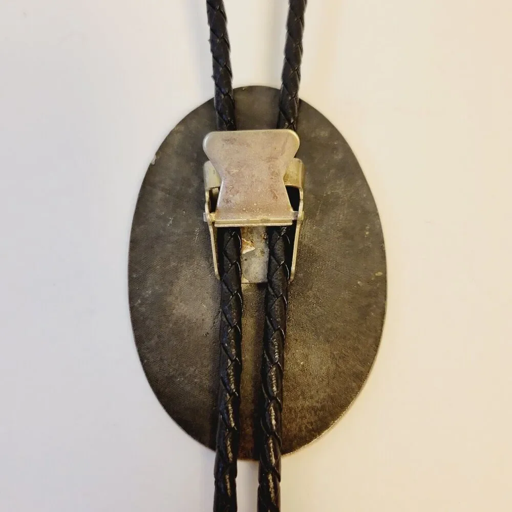 Vintage Pewter Metal Leather Native Dancer Silhouette Bolo Tie